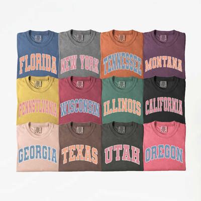 US States Varsity Font Comfort Colors Tee, America States Shirt, Home State Tee