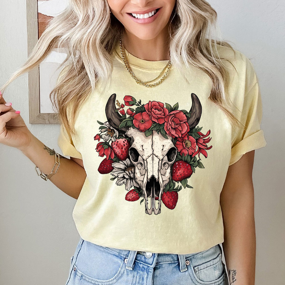 Western Strawberry Skull Comfort Colors Tee, Strawberry Graphic Tee, Cowgirl Shirt 