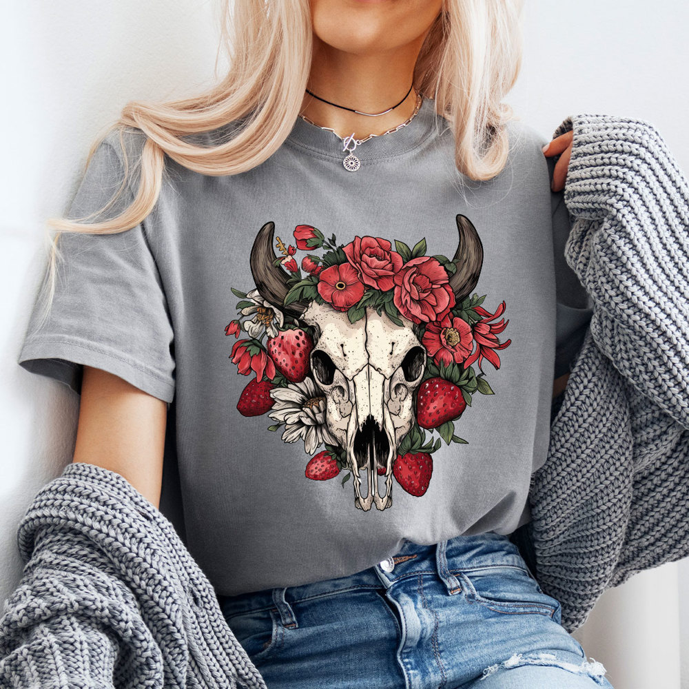 Western Strawberry Skull Comfort Colors Tee, Strawberry Graphic Tee, Cowgirl Shirt 