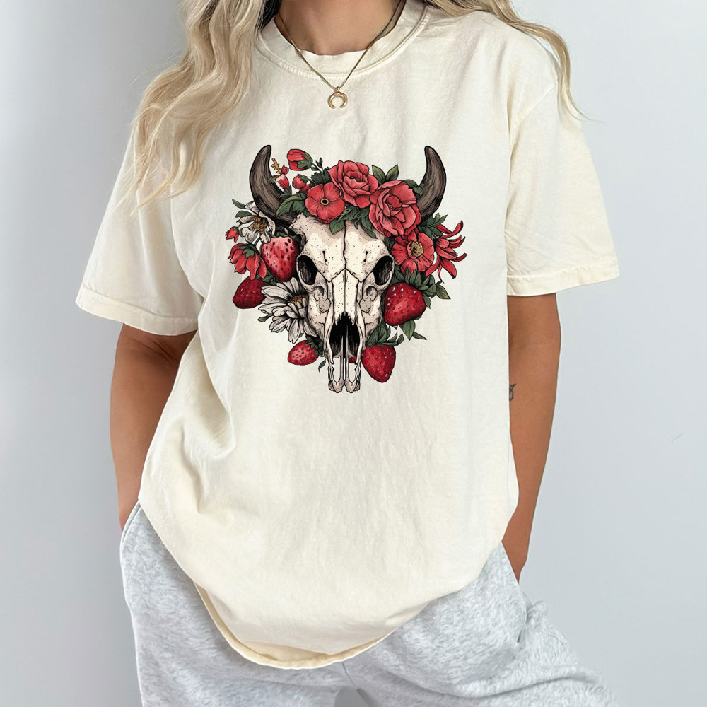 Western Strawberry Skull Comfort Colors Tee, Strawberry Graphic Tee, Cowgirl Shirt 