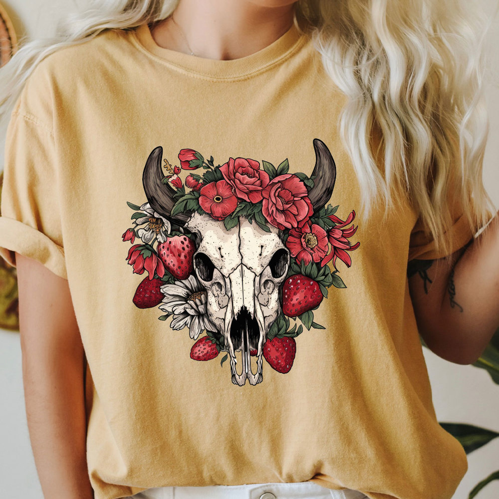 Western Strawberry Skull Comfort Colors Tee, Strawberry Graphic Tee, Cowgirl Shirt 