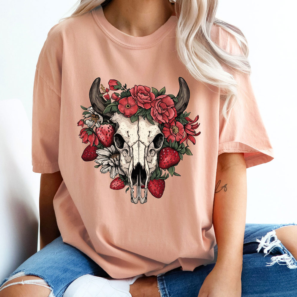 Western Strawberry Skull Comfort Colors Tee, Strawberry Graphic Tee, Cowgirl Shirt 