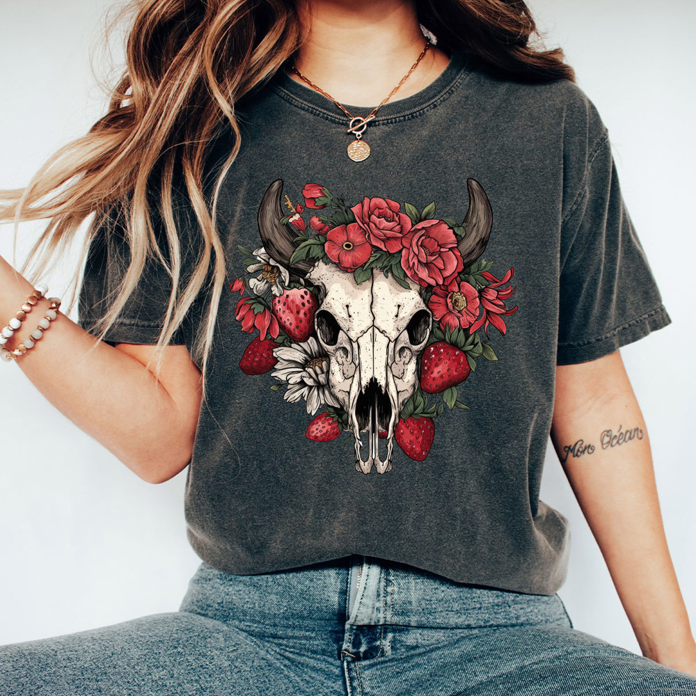 Western Strawberry Skull Comfort Colors Tee, Strawberry Graphic Tee, Cowgirl Shirt 