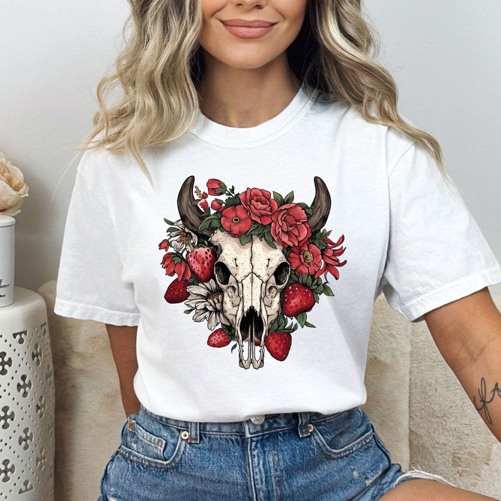 Western Strawberry Skull Comfort Colors Tee, Strawberry Graphic Tee, Cowgirl Shirt 