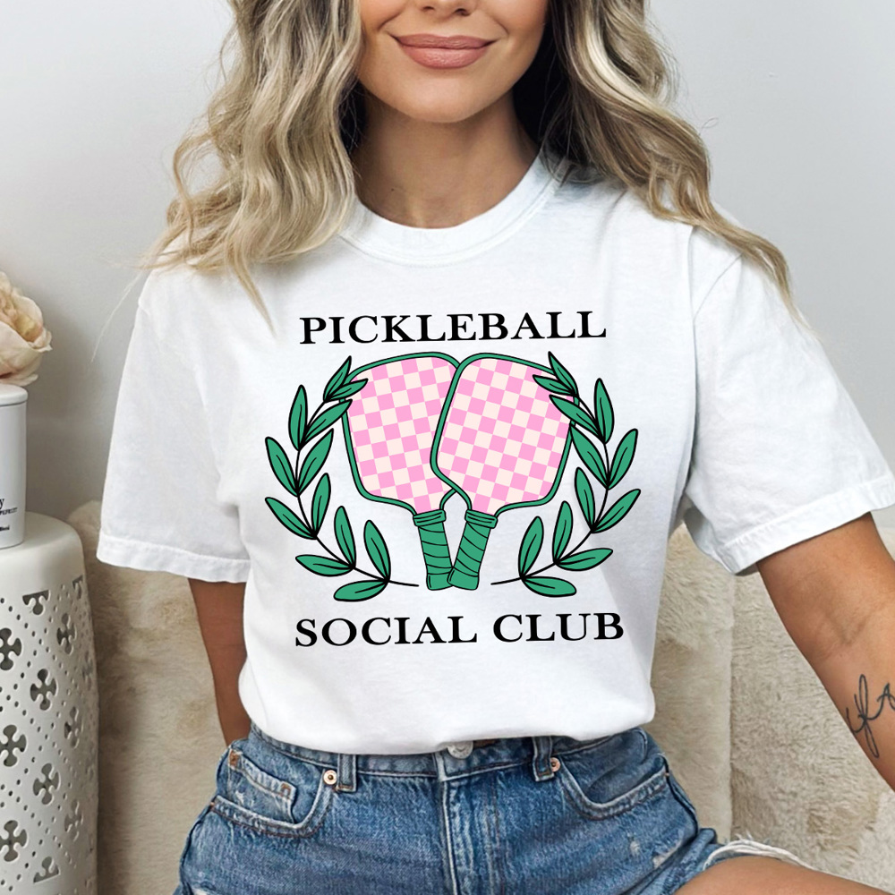 Pickleball Social Club Comfort Colors Tee, Pink Checkered Pickleball Paddles