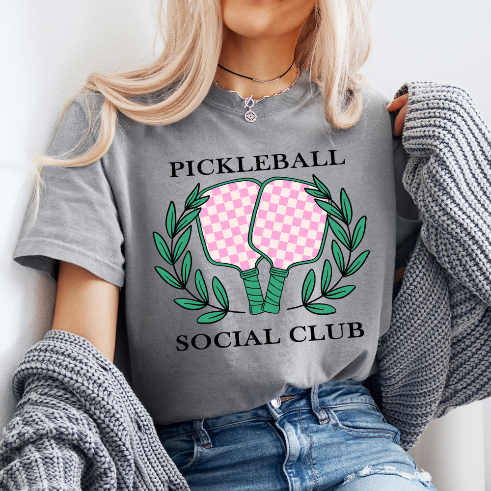 Pickleball Social Club Comfort Colors Tee, Pink Checkered Pickleball Paddles