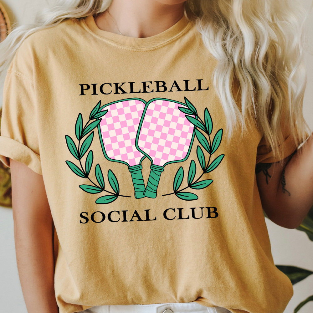 Pickleball Social Club Comfort Colors Tee, Pink Checkered Pickleball Paddles