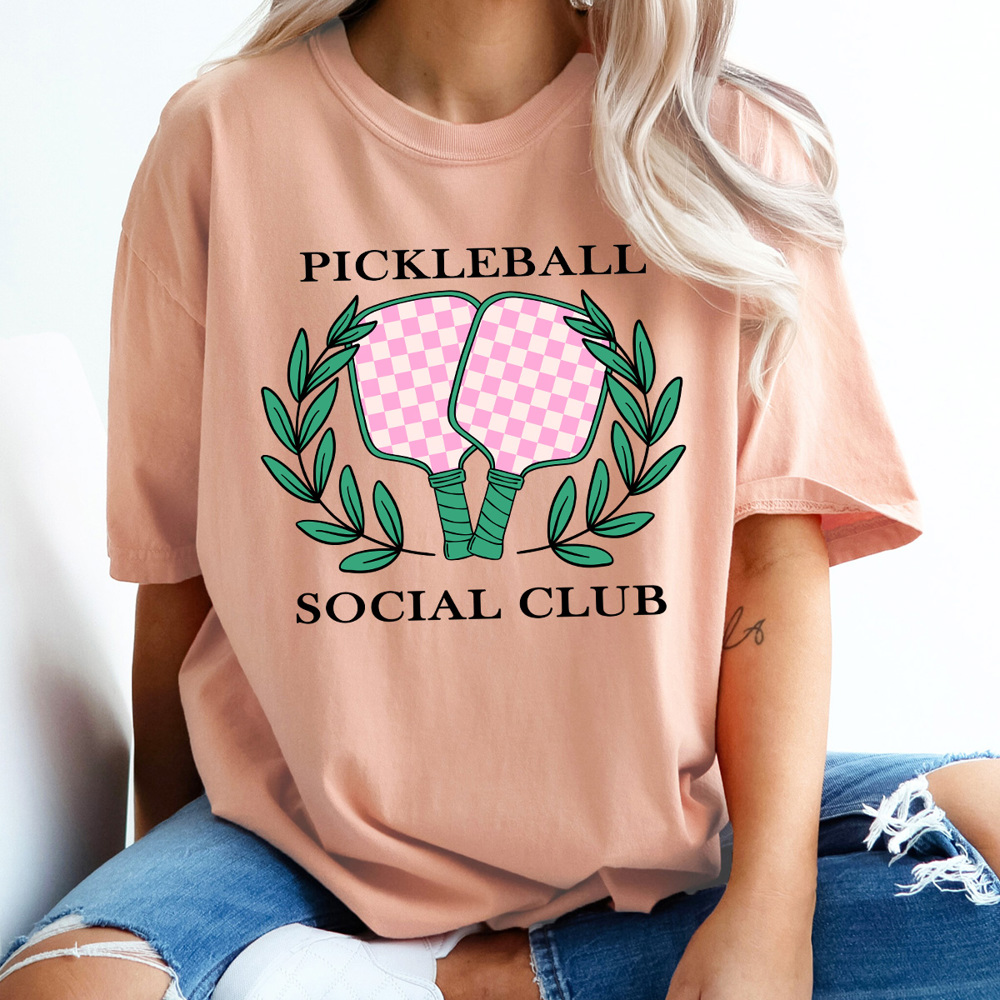 Pickleball Social Club Comfort Colors Tee, Pink Checkered Pickleball Paddles