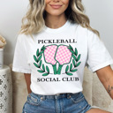 Large White Pickleball Social Club Comfort Colors Tee, Pink Checkered Pickleball Paddles