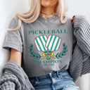  Pickleball Champion Comfort Colors Tee, Green Striped Pickleball Paddles