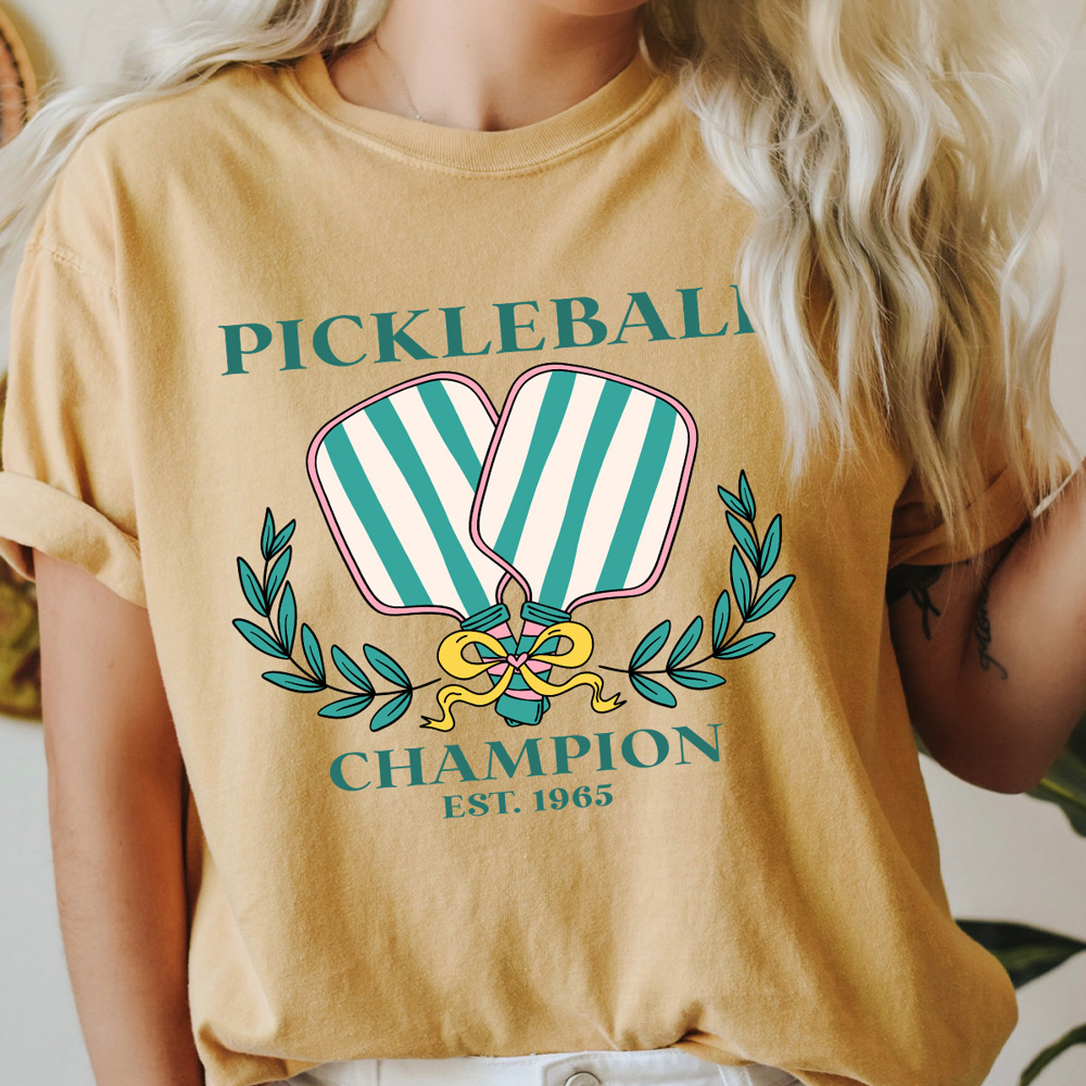 Pickleball Champion Comfort Colors Tee, Green Striped Pickleball Paddles