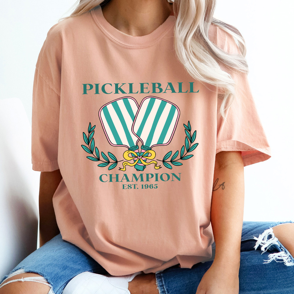 Pickleball Champion Comfort Colors Tee, Green Striped Pickleball Paddles