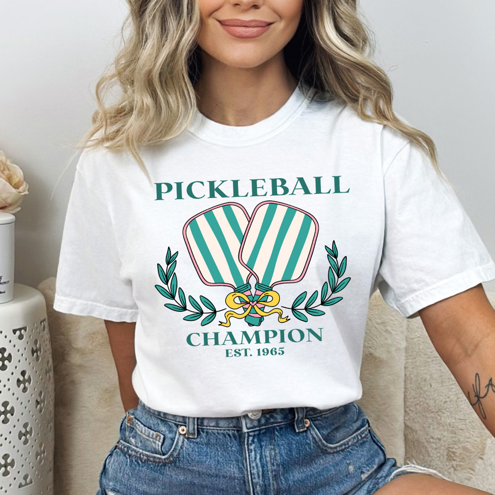 Pickleball Champion Comfort Colors Tee, Green Striped Pickleball Paddles