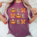 XXL Berry Country Cowgirl Pumpkin Grid Comfort Colors Tee, Cowgirl Boots And Cowgirl Hat Printed Tee, Pumpkin And Bow Tee