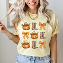 XXL Butter Country Cowgirl Pumpkin Grid Comfort Colors Tee, Cowgirl Boots And Cowgirl Hat Printed Tee, Pumpkin And Bow Tee
