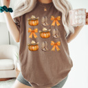 Medium Espresso Country Cowgirl Pumpkin Grid Comfort Colors Tee, Cowgirl Boots And Cowgirl Hat Printed Tee, Pumpkin And Bow Tee