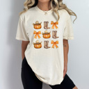XL Ivory Country Cowgirl Pumpkin Grid Comfort Colors Tee, Cowgirl Boots And Cowgirl Hat Printed Tee, Pumpkin And Bow Tee