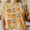XXL Mustard Country Cowgirl Pumpkin Grid Comfort Colors Tee, Cowgirl Boots And Cowgirl Hat Printed Tee, Pumpkin And Bow Tee