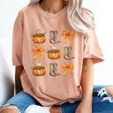 XXL Peachy Country Cowgirl Pumpkin Grid Comfort Colors Tee, Cowgirl Boots And Cowgirl Hat Printed Tee, Pumpkin And Bow Tee