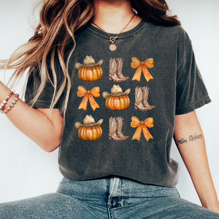 Country Cowgirl Pumpkin Grid Comfort Colors Tee, Cowgirl Boots And Cowgirl Hat Printed Tee, Pumpkin And Bow Tee