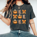 XXL Pepper Country Cowgirl Pumpkin Grid Comfort Colors Tee, Cowgirl Boots And Cowgirl Hat Printed Tee, Pumpkin And Bow Tee