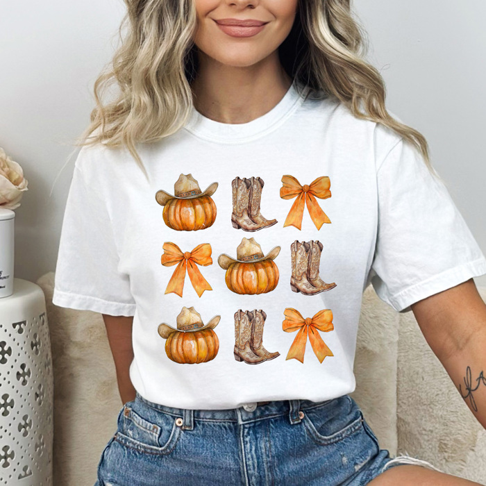 Country Cowgirl Pumpkin Grid Comfort Colors Tee, Cowgirl Boots And Cowgirl Hat Printed Tee, Pumpkin And Bow Tee