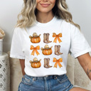 XXL White Country Cowgirl Pumpkin Grid Comfort Colors Tee, Cowgirl Boots And Cowgirl Hat Printed Tee, Pumpkin And Bow Tee