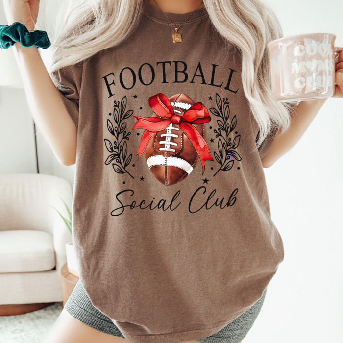 Football Social Club Comfort Colors Tee, Football Season Printed Tee, Coquette Football Shirt