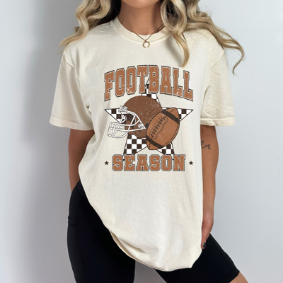 Football Season Comfort Colors Tee, Checkered Star Football Printed Tee, Game Day Shirt