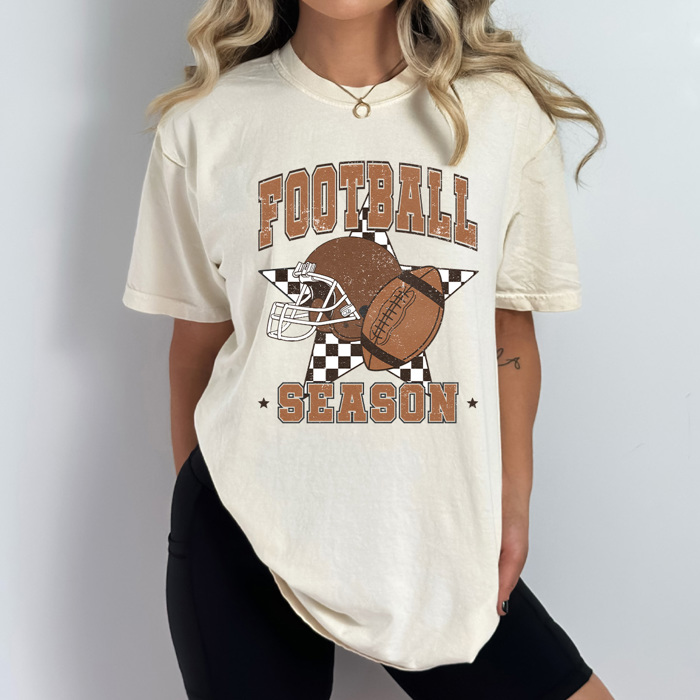 Football Season Comfort Colors Tee, Checkered Star Football Printed Tee, Game Day Shirt