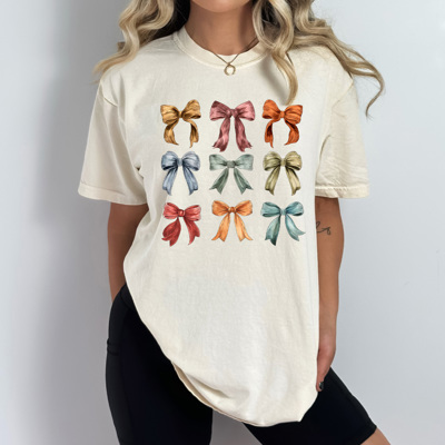 Autumn Bow Grid Comfort Colors Tee, Fall Colored Coquette Bows Prnted Tee