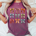 XL Berry Autumn Bow Grid Comfort Colors Tee, Fall Colored Coquette Bows Prnted Tee