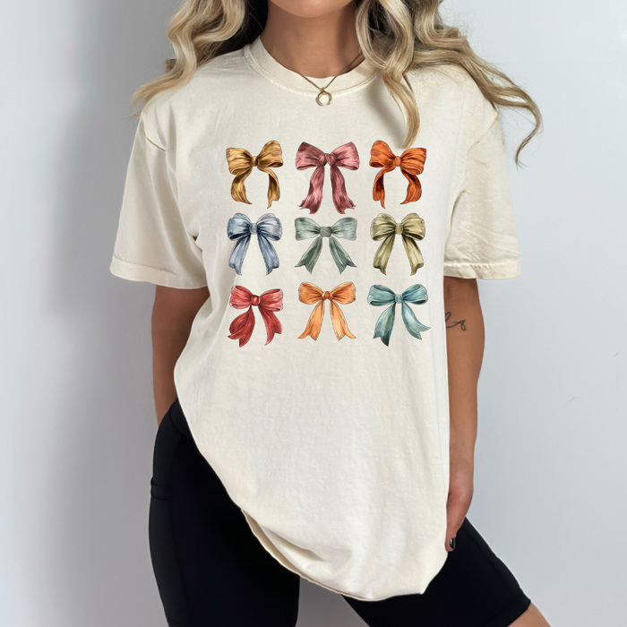 Autumn Bow Grid Comfort Colors Tee, Fall Colored Coquette Bows Prnted Tee