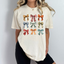 Large Ivory Autumn Bow Grid Comfort Colors Tee, Fall Colored Coquette Bows Prnted Tee