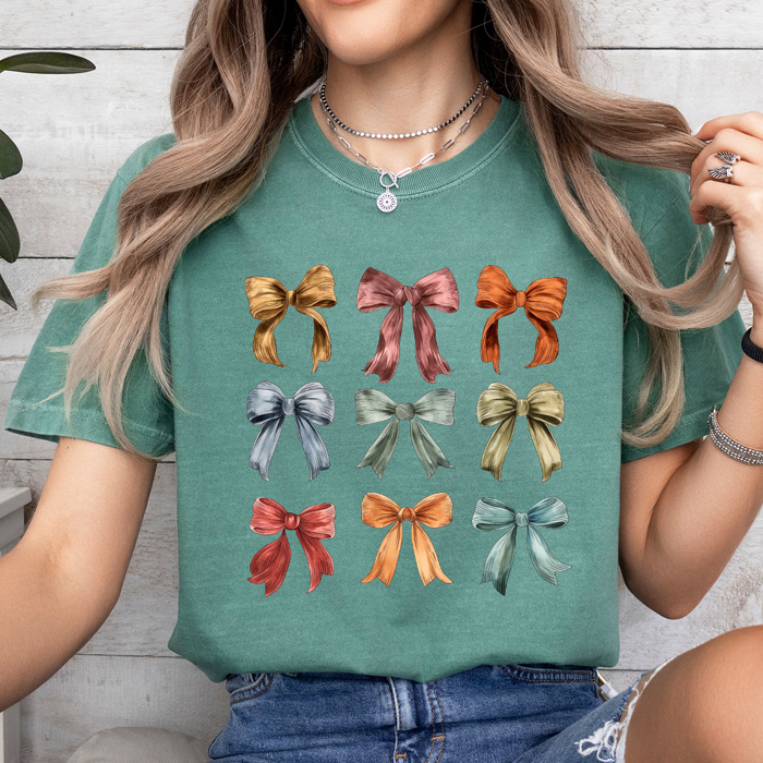 Autumn Bow Grid Comfort Colors Tee, Fall Colored Coquette Bows Prnted Tee