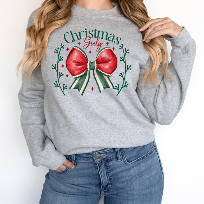 Christmas Girly Bow Fleece Sweatshirt, Coquette Holiday Sweatshirt, Merry Christmas Pullover 