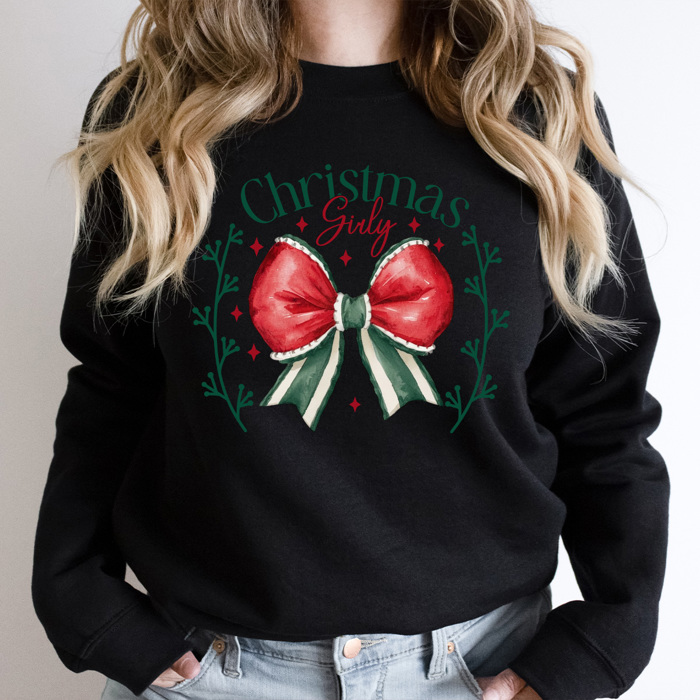 Christmas Girly Bow Fleece Sweatshirt, Coquette Holiday Sweatshirt, Merry Christmas Pullover 