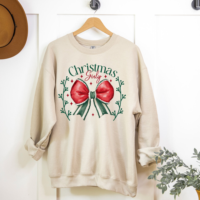 Christmas Girly Bow Fleece Sweatshirt, Coquette Holiday Sweatshirt, Merry Christmas Pullover 