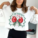 Medium White Christmas Girly Bow Fleece Sweatshirt, Coquette Holiday Sweatshirt, Merry Christmas Pullover 