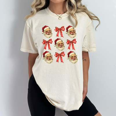 Vintage Santa Bow Coquette Grid Comfort Colors Tee, Christmas Jolly Shirt, Holiday Graphic Tee