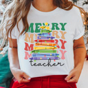  Merry Teacher Crayon Christmas Tree Graphic Tee, Christmas Teacher Shirt