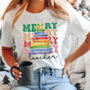 XXL Ash Gray Merry Teacher Crayon Christmas Tree Graphic Tee, Christmas Teacher Shirt