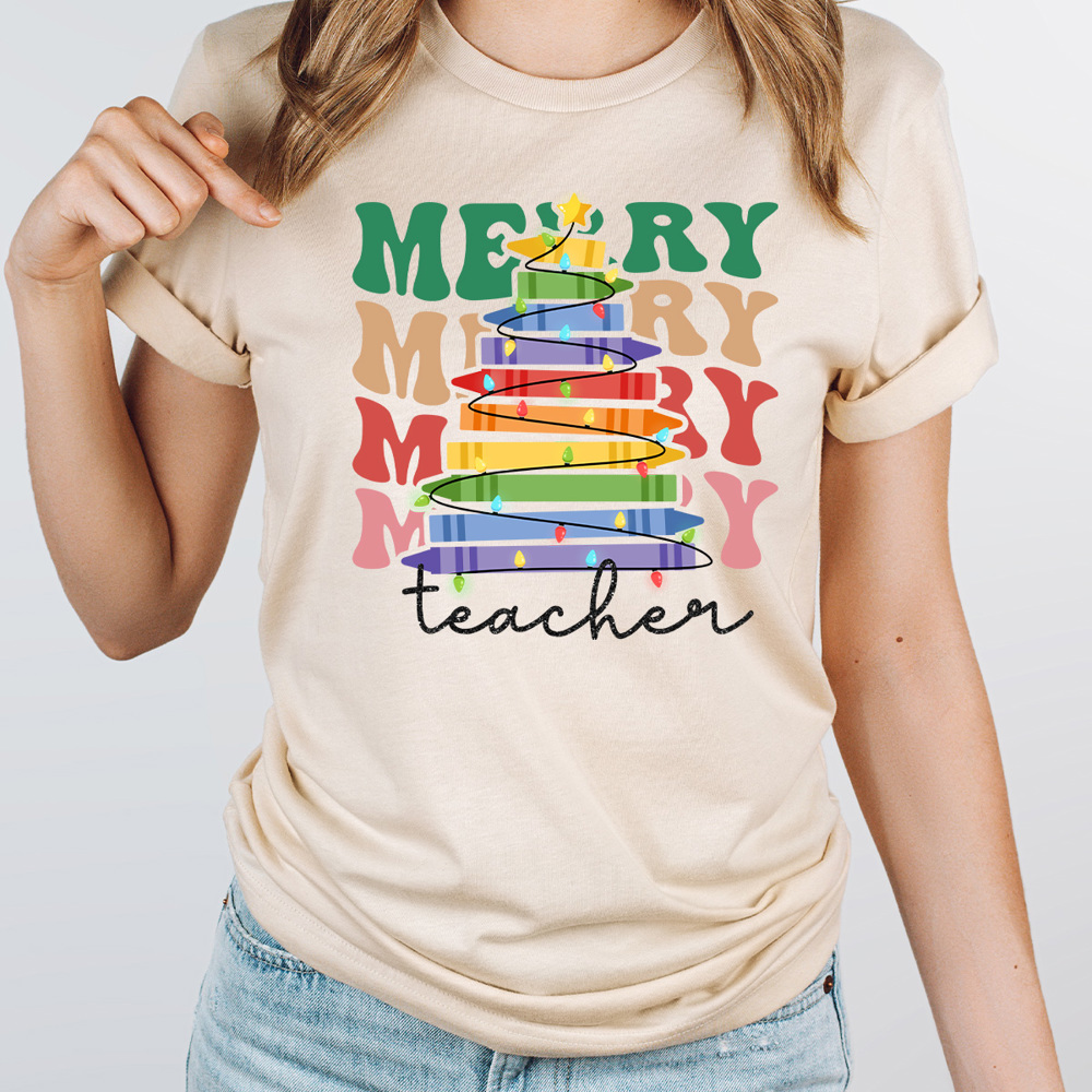 Merry Teacher Crayon Christmas Tree Graphic Tee, Christmas Teacher Shirt