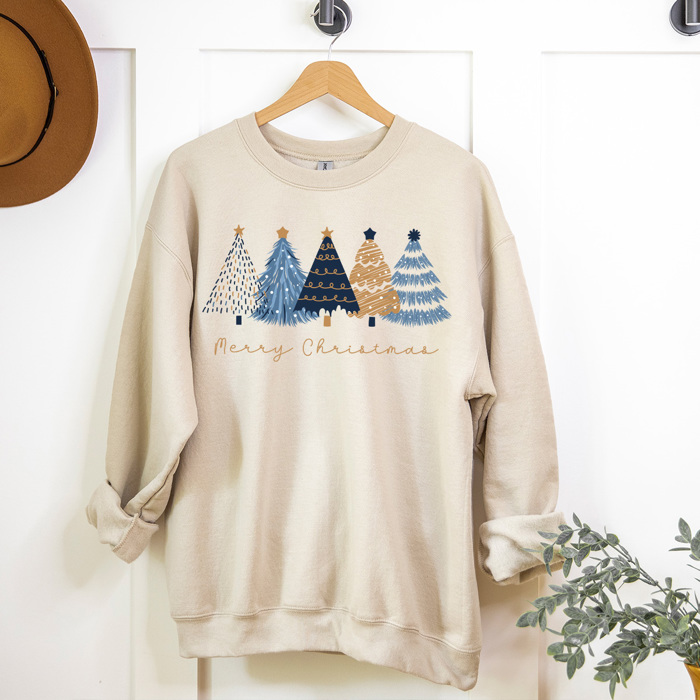 Merry Christmas Blue And Gold Trees Fleece Sweatshirt, Winter Pullover