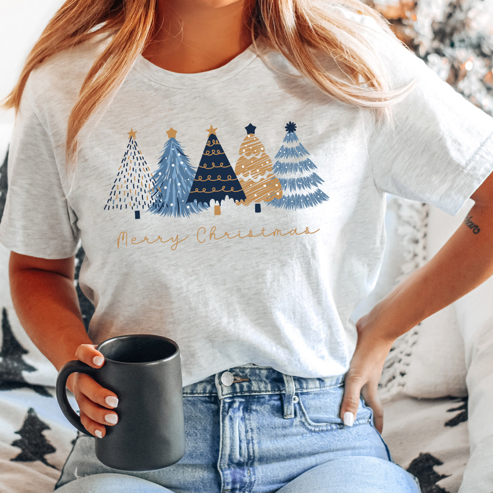 Merry Christmas Blue And Gold Trees Graphic Tee, Winnter Shirt 