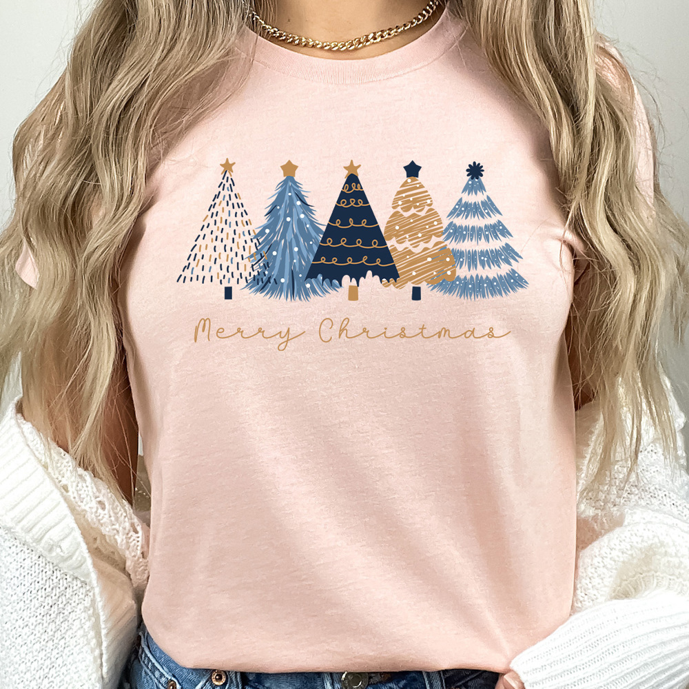 Merry Christmas Blue And Gold Trees Graphic Tee, Winnter Shirt 