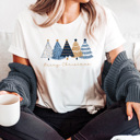 XXL White Merry Christmas Blue And Gold Trees Graphic Tee, Winnter Shirt 