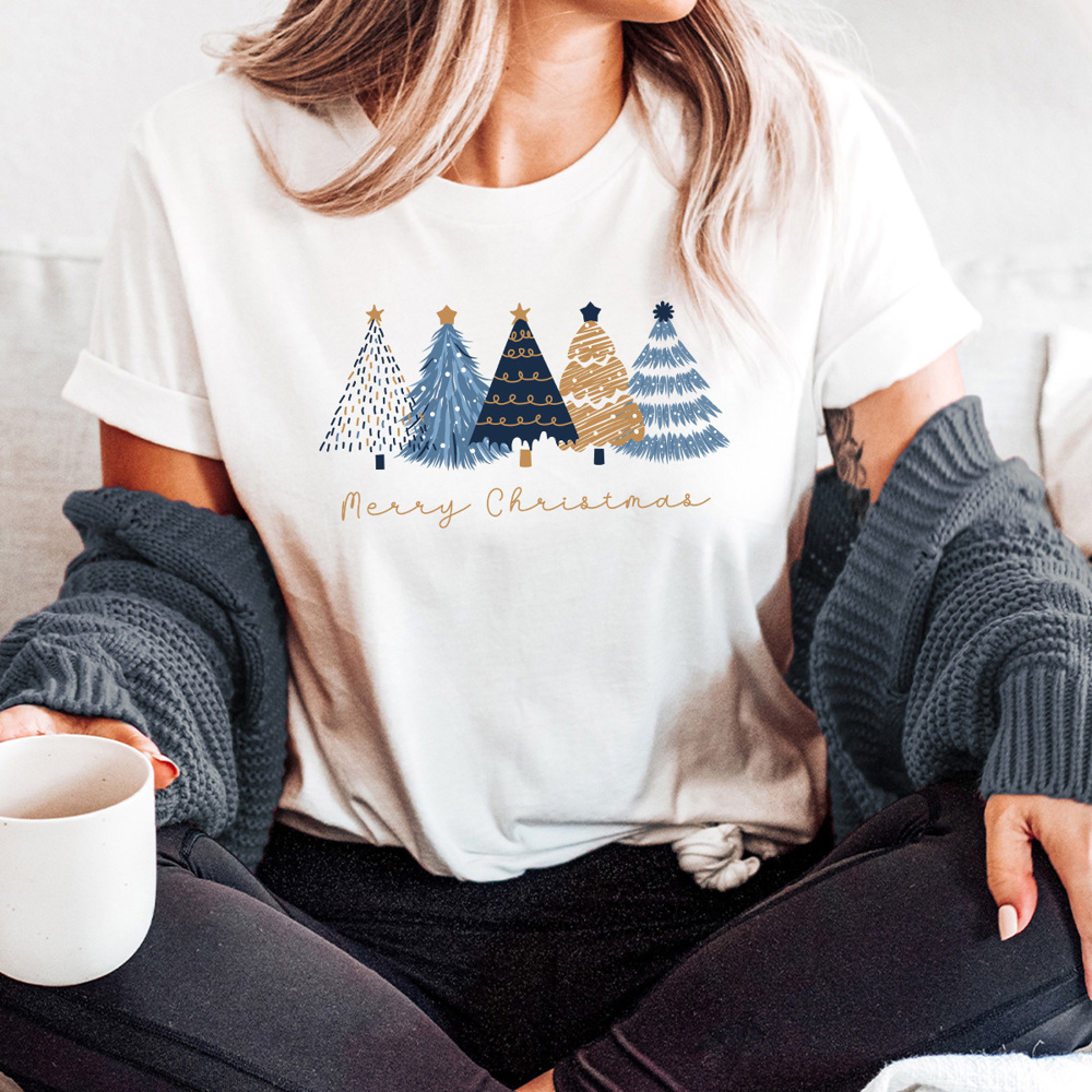 Merry Christmas Blue And Gold Trees Graphic Tee, Winnter Shirt 