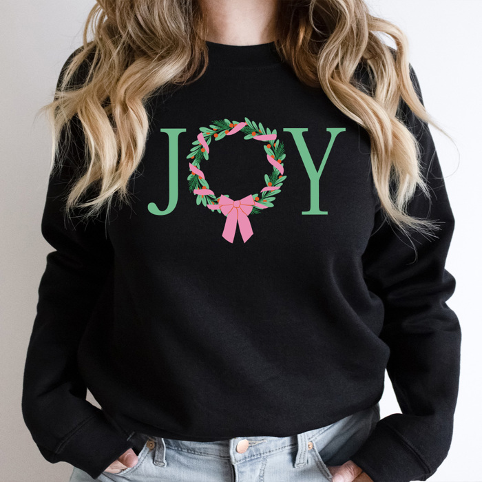 Joy Christmas Wreath Fleece Sweatshirt, Holiday Pullover