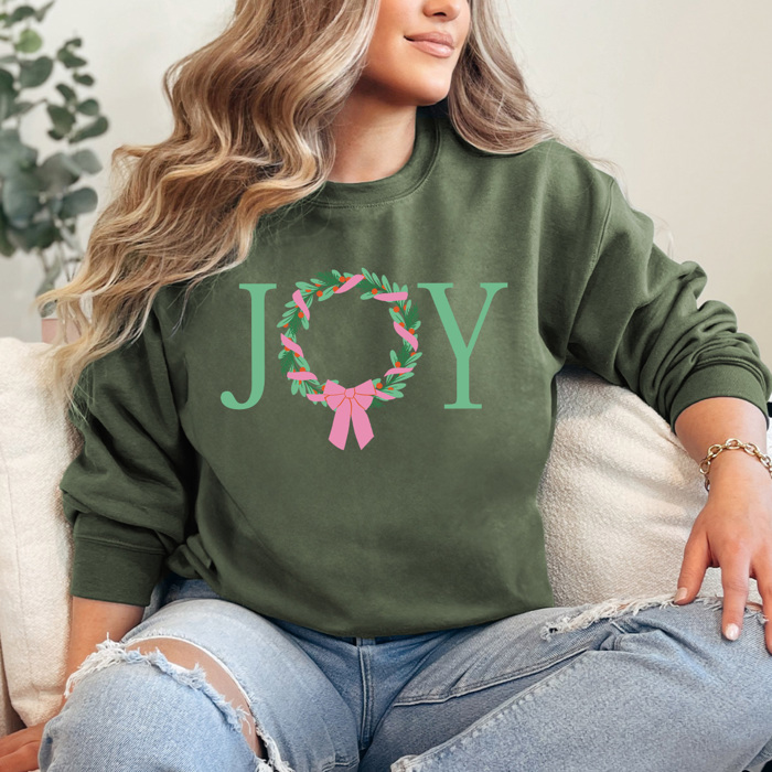 Joy Christmas Wreath Fleece Sweatshirt, Holiday Pullover